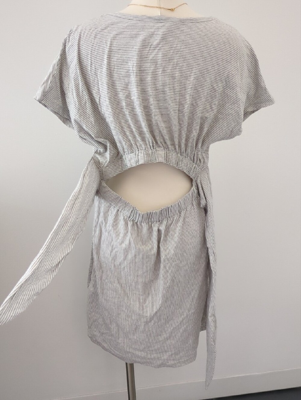Gray and White Striped Tee Dress With Tie Waist And Back Cutout - Coastal - Picture 4 of 11